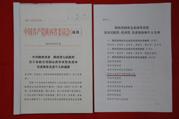 2009年2月，被陕西省委、省敌灾授予陕西省国有企业鼎新攻坚先进集体